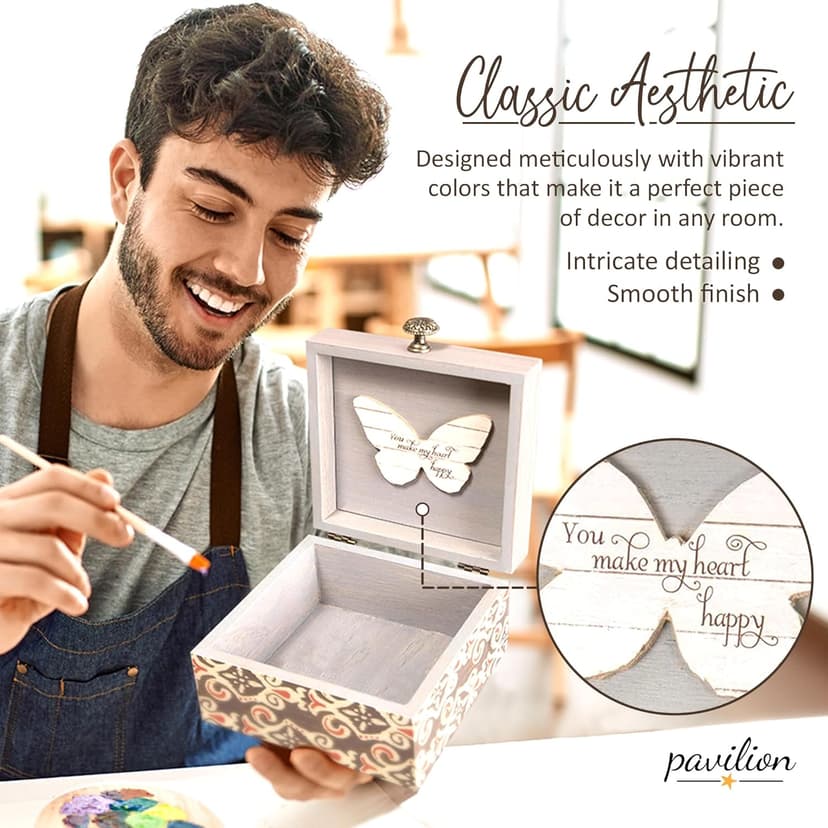 Pavilion 'Simple Spirits Butterfly' 41102 - Wooden Hinged Keepsake Box with Patterned Design and Printed Message for Friends and Loved Ones, Storage for Cosmetic, Trinkets, and Jewelry