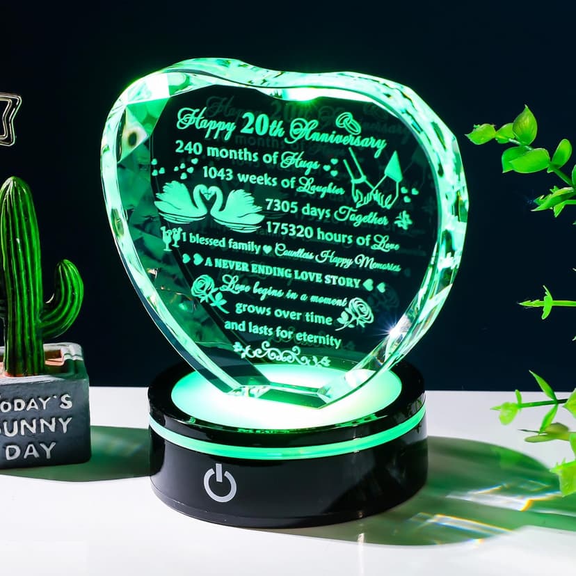 YWHL 20th Anniversary Crystal Heart Gifts for Wife Husband, Laser Engraved Romantic 20 Year Wedding Anniversary Crystal Keepsake Gifts for Her Him, 20 Years of Marriage Gift for Couples Friends