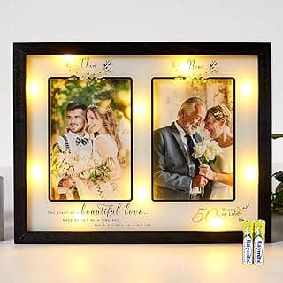 Then & Now 50th Anniversary Picture Frame for Couple, Celebrate Years of Love Anniversary Wooden Photo Frame for Parents, Husbands, Wives, Wedding Engagement Gifts, Double Frame 4x6 Photos Black