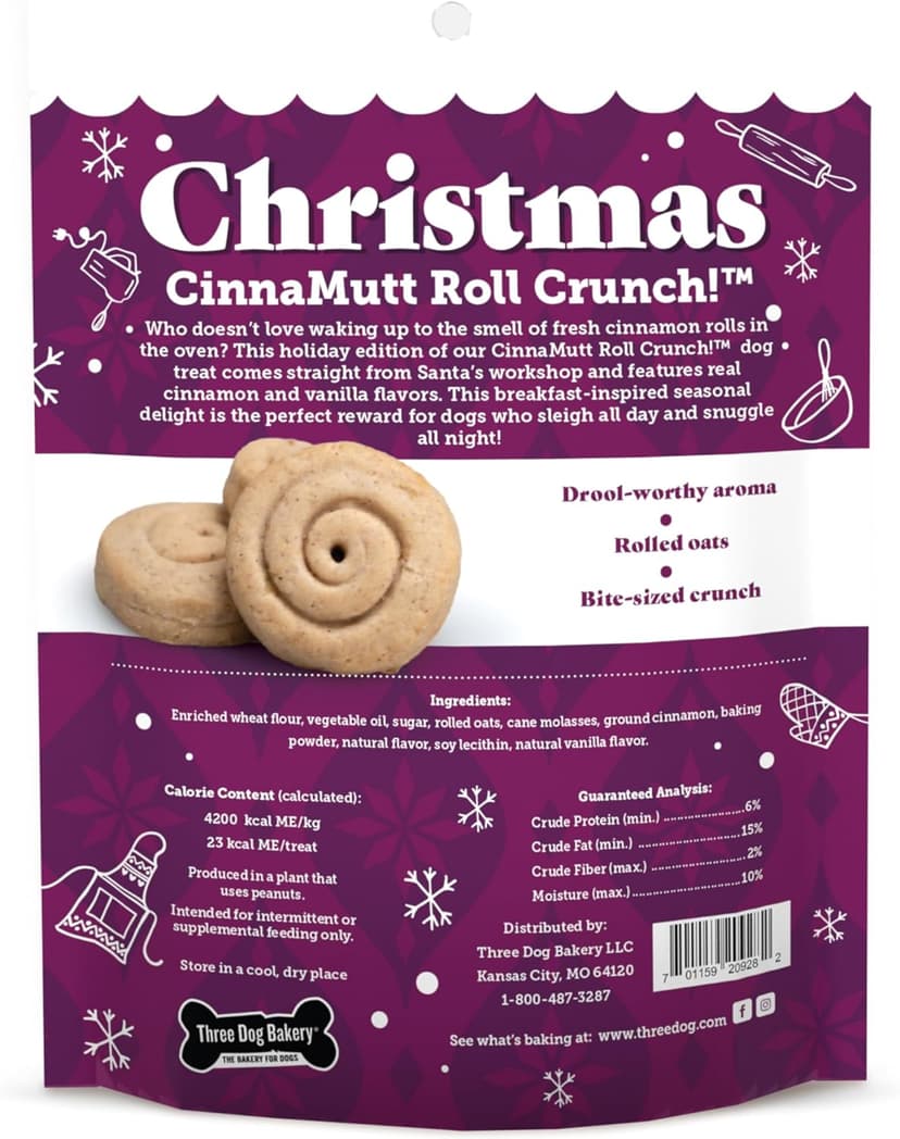 Three Dog Bakery CinnaMutt Roll Crunch, 5 oz Festive Dog Bones, Holiday & Christmas Dog Training Treats, Puppy Training Rewards
