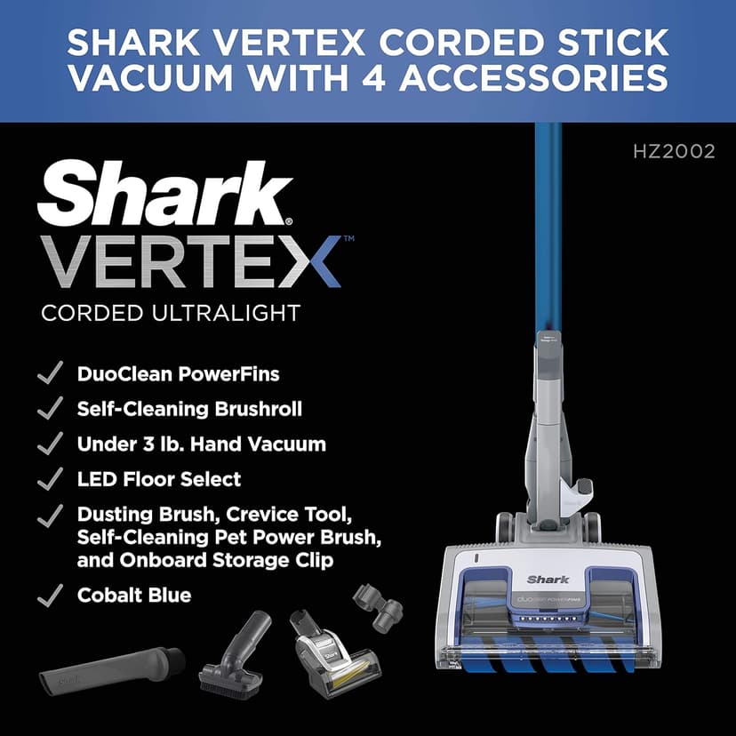 Shark Corded Stick Vacuum Cleaner | Vertex Ultralight | Removable Handheld Vacuum | Pet Hair Vacuum for Carpet and Hard Floor | Powerful Suction | No Hair Wrap | 3 Attachments Included | HZ2002