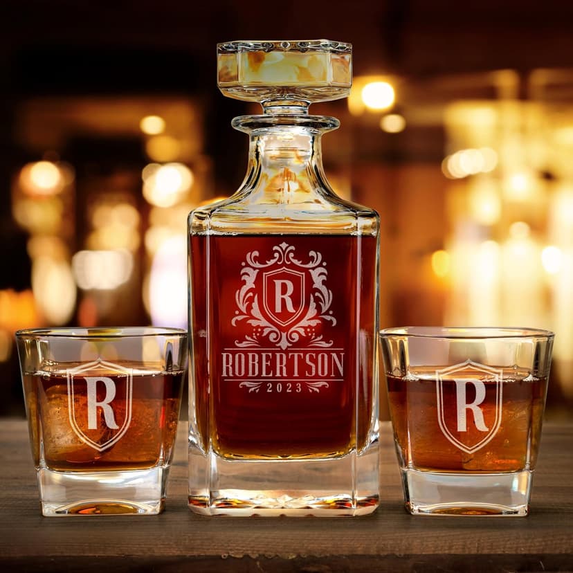 Personalized Whiskey Decanter Set - 5 Design Options - Custom Liquor 25 oz, 750ml Liquor Decanter w/Whiskey Glass Set Options, Birthday & Retirement Gifts for Men