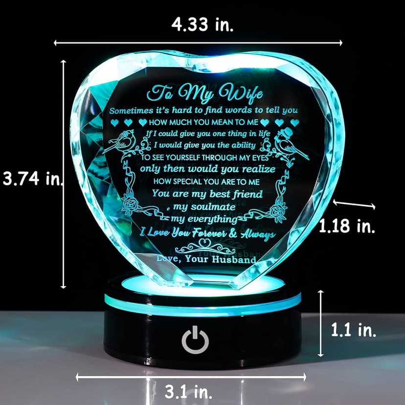 YWHL Gifts for Wife with Colorful LED Base Romantic Wedding Anniversary I Love You Gifts for Her Best Wife Birthday Gift Ideas to My Wife Crystal Keepsakes Presents from Husband