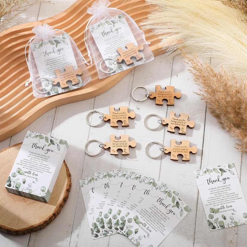 Sintuff 100 Sets Wedding Favors for Guests Rustic Wood Puzzle Keychain Thank You Card Organza Bag Wedding Party Bridal Shower Souvenir