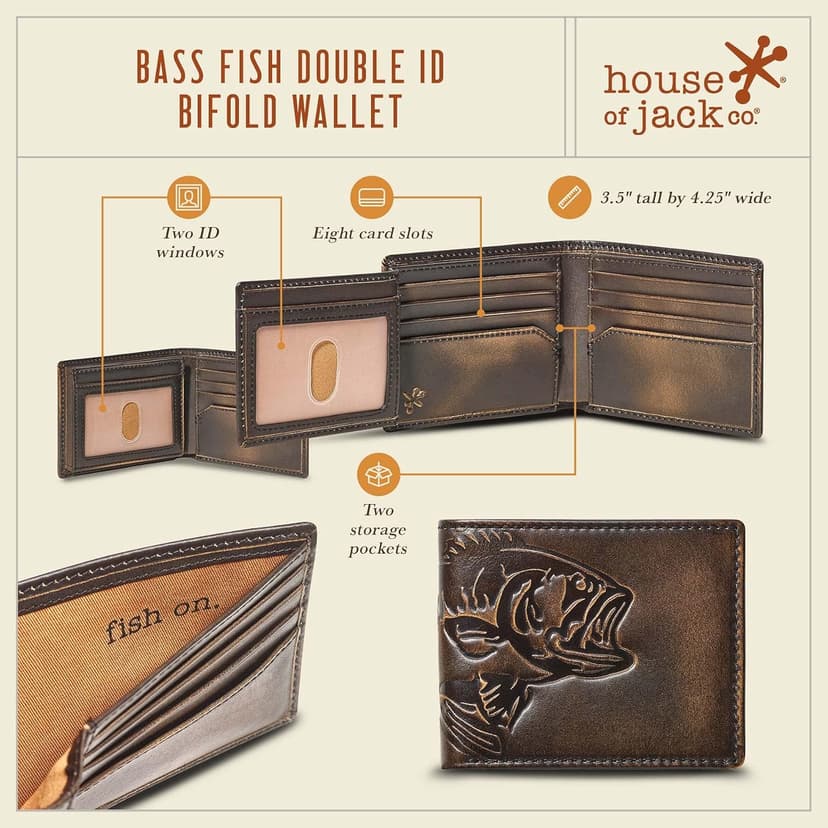 House of Jack Co. Bass Fish Bifold Wallet for Men and Outdoorsmen with Two ID Windows, Full Grain Cowhide Leather Wallet, Black