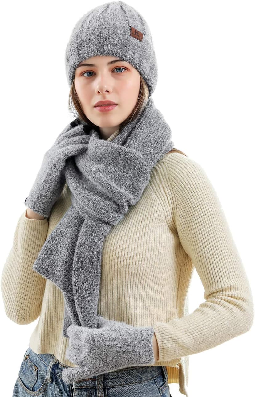 Womens Winter Warm Knit Beanie Hat Touchscreen Gloves Long Neck Scarf Set with Fleece Lined Skull Caps Gifts for Women