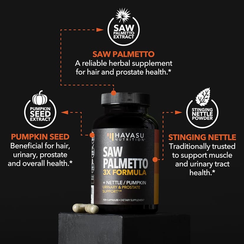 HAVASU NUTRITION Saw Palmetto Supplement with Stinging Nettle and Pumpkin Seed Extract - Advanced 3X Formula - DHT Blocker Urinary Health and Prostate Support for Mens Health - Vegan, Non-GMO Capsules - 2 Month Supply