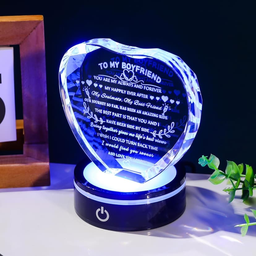 YWHL Gifts for Boyfriend with Colorful LED Base Unique Birthday Gift Ideas from Girlfriend Romantic Heart Crystal Keepsakes to My Anniversary Christmas Valentine Day Clear 4.33*3.74*.1.18