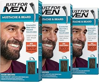 Just for Men Mustache & Beard, Beard Dye for Men with Brush Included, With Keratin Biotin Aloe and Coconut Oil for Healthy Facial Hair - Dark Brown, M-45, Pack of 3 (Packaging May Vary)