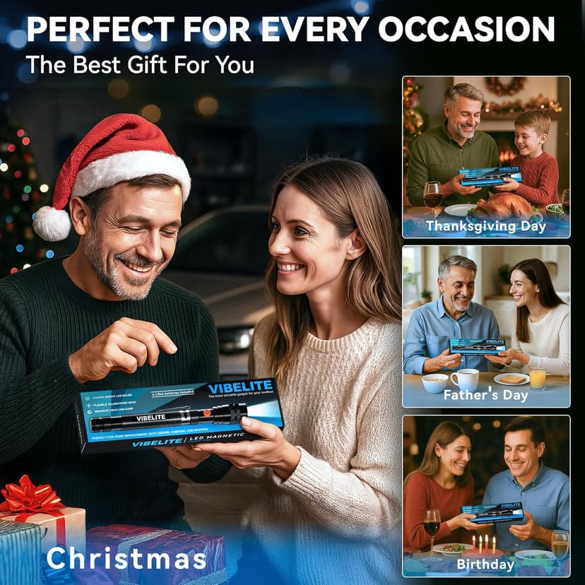 VIBELITE Extendable Magnetic Flashlight with Telescoping Magnet Pickup Tool-Cool Gadget Birthday for Men, Dad, Husband, Him, Father, Mechanic,Tech, Handyman, Boyfriend, Women, Black