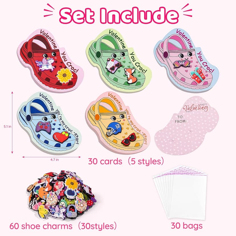 AYGXU Valentines day cards for kids school-valentines day gifts for kids,30pcs Cards with 60 Shoe Charms for boys girls,valentine exchange gifts bulk party favors