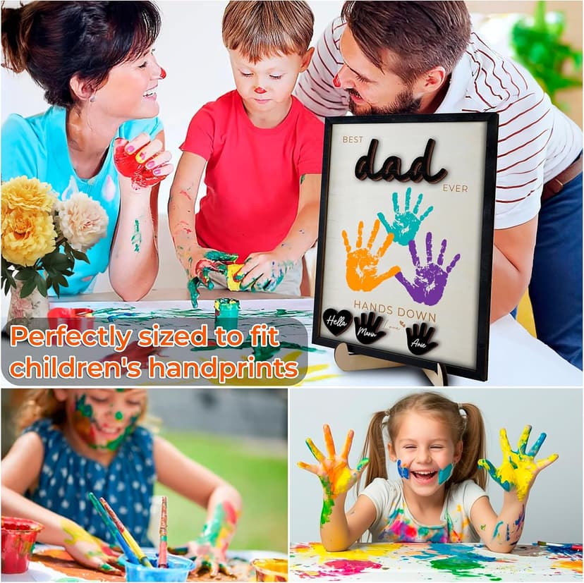 10" Hands Down Best Dad Ever DIY Handprint Kit with Acrylic Paint, Art Craft Family Keepsake Wood Frame Dad Keychain Birthday Father's Day Gift for Daddy, Papa Family Sign with Kids Names HF90-D