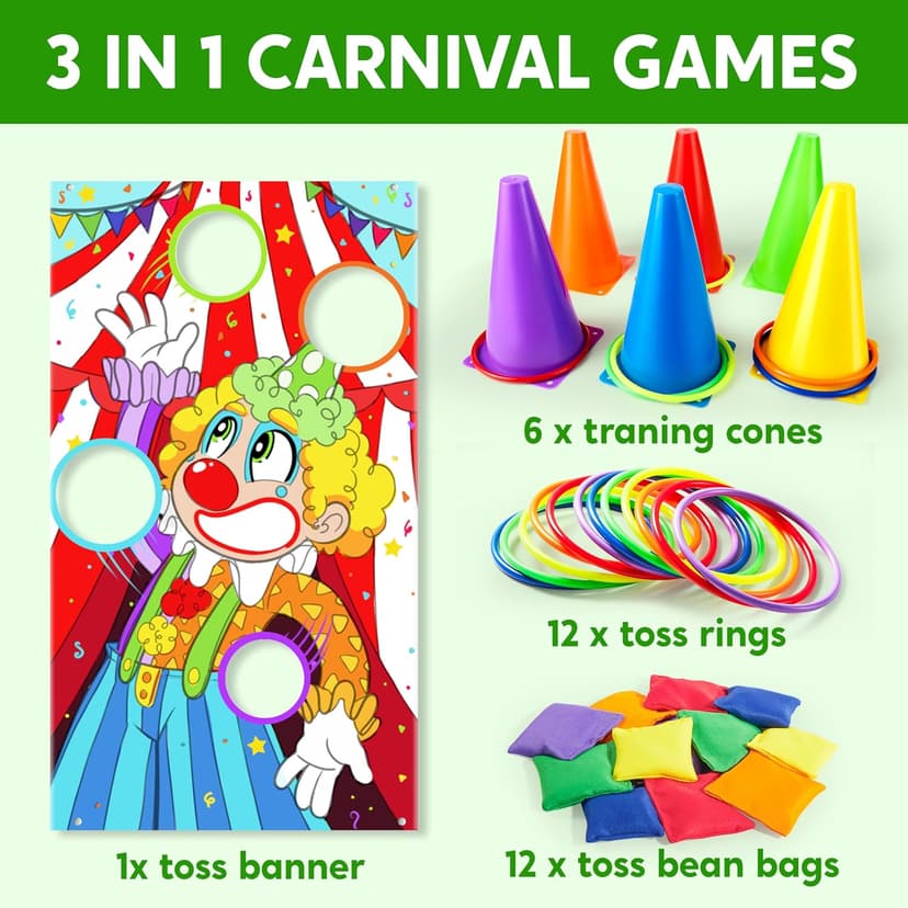 JOYIN 31PCS 3 in 1 Carnival Games, Easter Ring Toss Yard Set, Bean Bags, Cones - Outdoor Toys for Toddlers & Kids, Children's Indoor Play, Family Fun, Kids Party Cornhole Set, Lawn Games