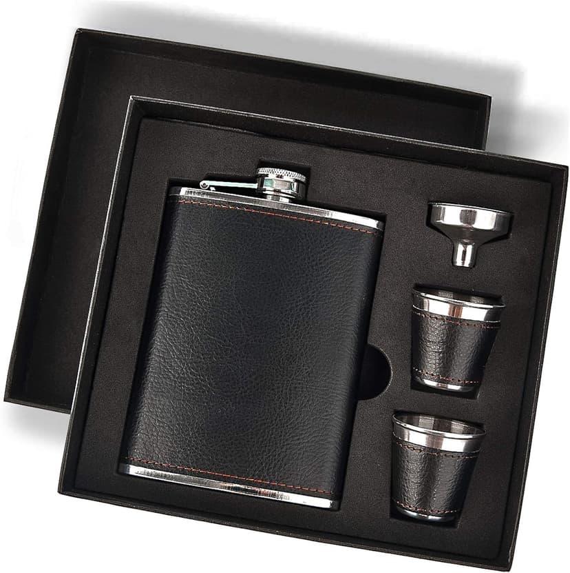 Hip Flask Gift Set, Hip Flasks for Liquor for Men with Black Leather Cover, 8 Oz Hip Flask Set, 18/8 Stainless Steel Hip Flasks for Liquor with 2 Cups & Funnel, Flasks for Liquor for Men Gift Box1