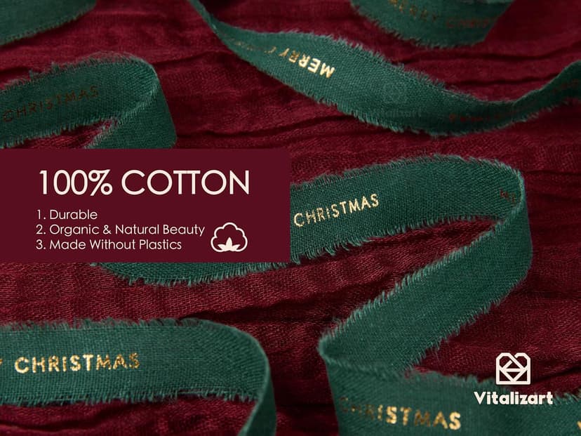 Vitalizart Merry Christmas Ribbon 5/8 Inch Natural Cotton Handmade Frayed Fringe Ribbons 15 Yd for Gift Wrapping Crafts Flower Wreath Garland Holiday Decorations Green Red White