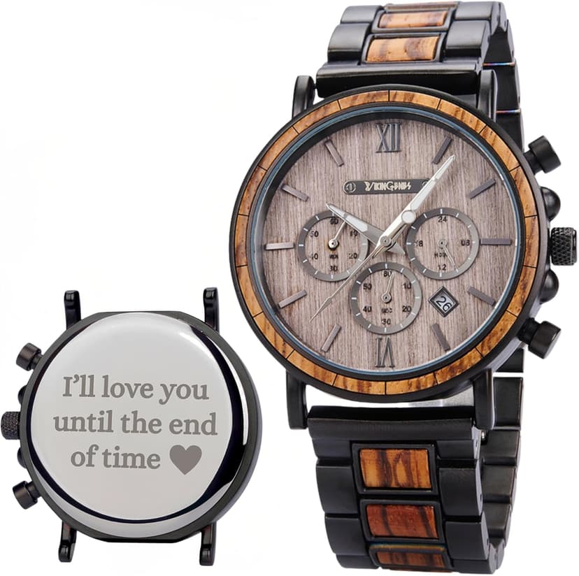 Vikingenes – Wooden Watches for Men, Engraved Wood Watch, Personalized Men's Gift, Viking Watches, Natural Wood Wristwatch, Luxury Wooden Chronograph, Custom Engraved Watch, Unique Gift for Men
