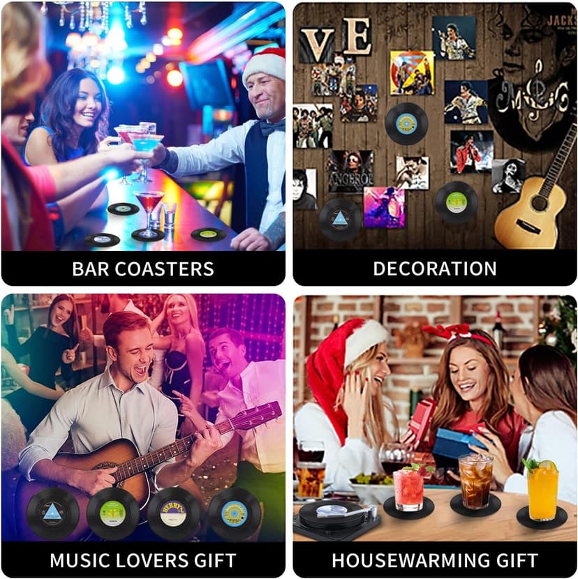 Funny Retro Record Coasters for Drinks with Vinyl Player Holder for Music Lovers,Set of 6 Conversation Piece Sayings Drink Coaster,Housewarming Hostess Wedding Registry Gift Ideas