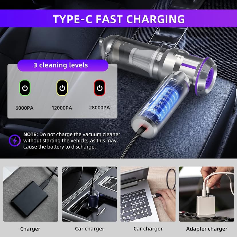 Handheld Vacuum Cordless, 28000Pa 4 in 1 Car Vacuum Portable Cordless, One-Touch Dust Removal, 3-Speed Brushless Motor Mini Vacuum, Ideal for Home, Car, Office, and Pet Hair Cleanup, Silver