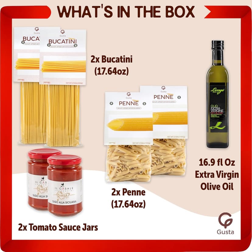 Gusta Pasta Gift Basket in Deluxe Packaging - Made in Italy - Healthy Holiday Basket Gift for Men, Birthdays, Families, Parties, Housewarming, Client Thank You & Sympathy