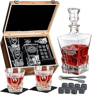 shop4ever Custom Engraved Monogram Year, Chunky Heavy Liquor/Bourbon Decanter with Glasses, Whiskey Stones, Coasters & Tongs, Premium Whiskey Gift Set for Men, Husband, Dad