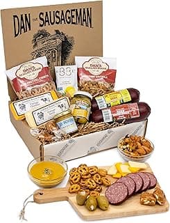 Dan the Sausageman Sounder Gourmet 11 item Snacks Gift Box, Featuring Summer Sausage Beef, Vintage Swiss & Cheddar Cheese, Sweet & Hot Mustard, Pretzels, Addiction Granola, & Garlic Olives, Almond Roca