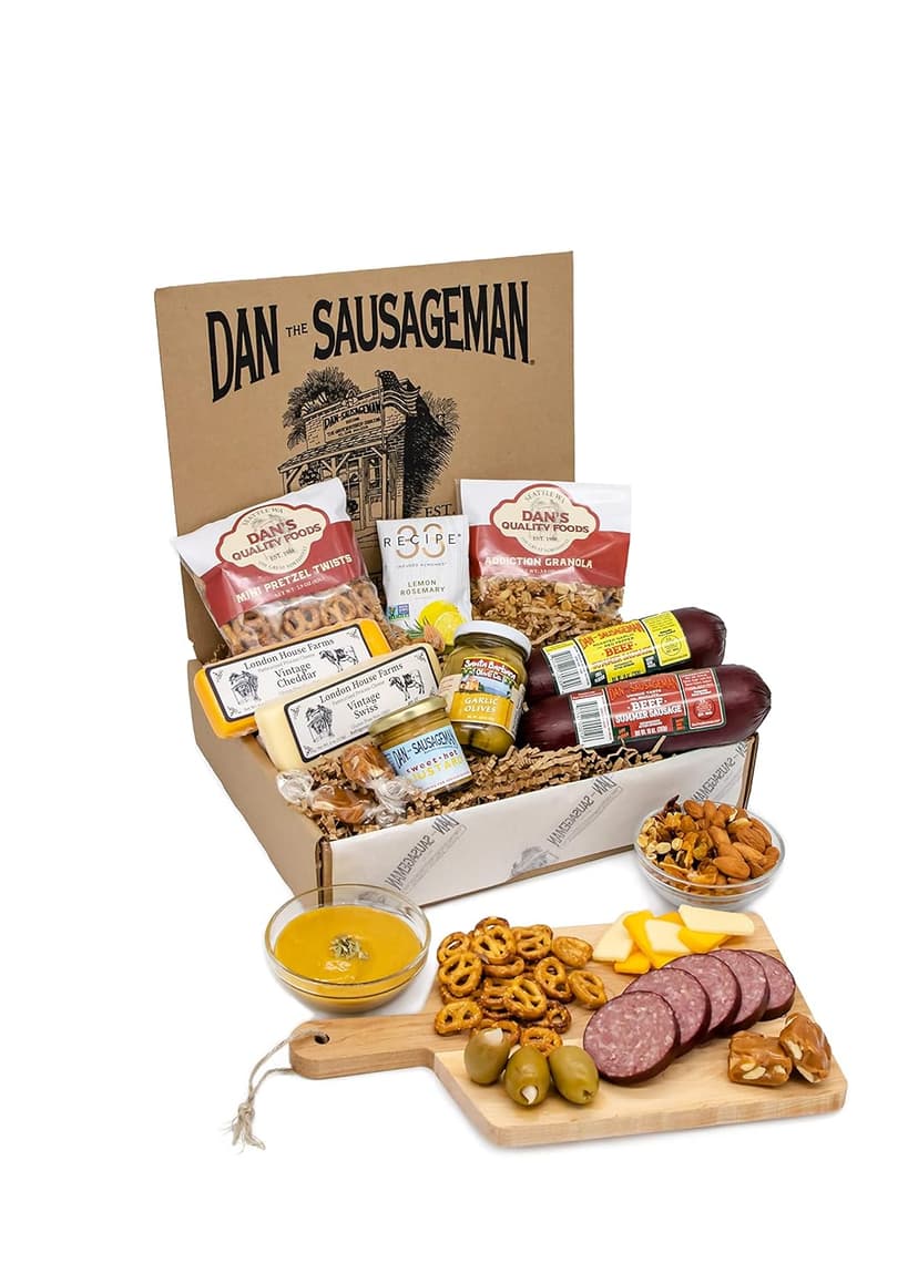 Dan the Sausageman Sounder Gourmet 11 item Snacks Gift Box, Featuring Summer Sausage Beef, Vintage Swiss & Cheddar Cheese, Sweet & Hot Mustard, Pretzels, Addiction Granola, & Garlic Olives, Almond Roca