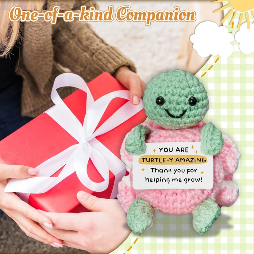 HEXMOZ Christmas Teachers Gifts for Women, Daycare, Preschool, Kindergarten - Thank You for Helping Me Grow Appreciation Gift Ideas - Cute Handmade Turtle Crochet Emotional Support with Positive Card