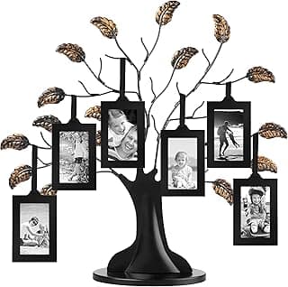 Americanflat Family Tree Picture Frame - Includes 6 Hanging 2x3 Picture Frames - Adjustable Ribbon Tassels - Ideal as Mother’s Day Gifts, Birthday Gifts, or Christmas Decor - Black and Bronze