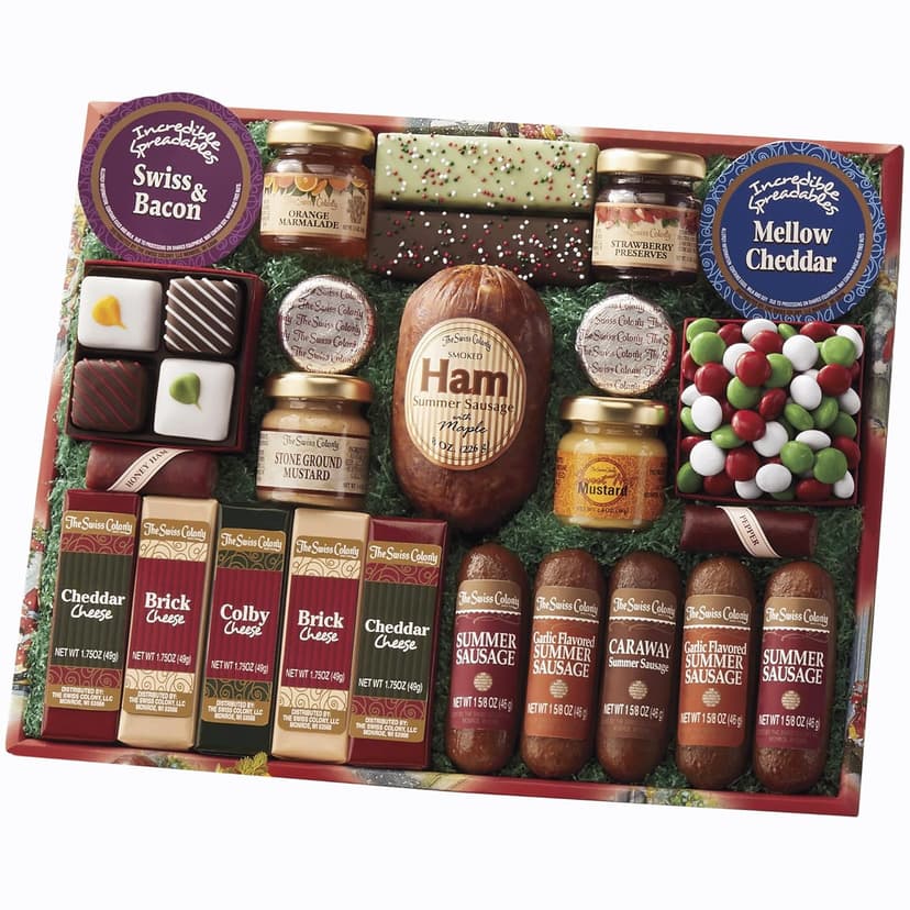 The Swiss Colony 25 Holiday Favorites – Summer Sausage Meats and Cheeses, Assorted Chocolates, and Spreadables, Sweet and Savory Treats, Gift for Holidays, Christmas, or Birthdays, Food Gift Box