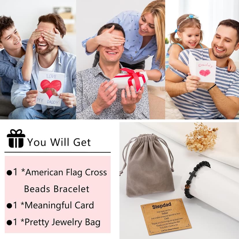 Gifts for Dad New Dad Stepdad Husband, American Flag Cross Beads Bracelet Jewelry Gifts for Father Men from Daughter Son Wife