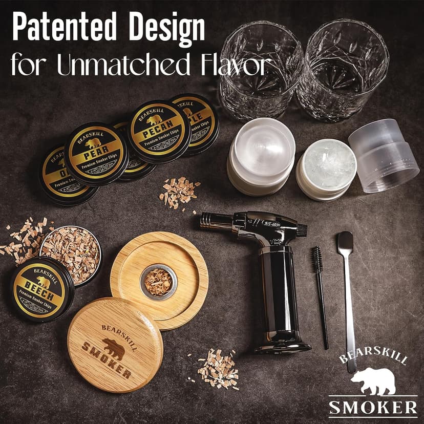 Whiskey Smoker Kit with Torch - 6 Natural Wood Chips Flavors, 2 Glasses, 2 Ice Molds - Cocktail Smoker Infuser Kit, Old Fashioned Smoker Kit, Birthday Bourbon Whiskey Gifts for Men, Dad(No Butane)