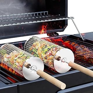 Rolling Grill Basket, Removable Wooden Handle, 304 Stainless Steel, Nesting Smoker Net, BBQ Accessories Tools for Vegetable Shrimp, Outdoor Cooking Camping, Birthday Gifts for Men Dad Husband