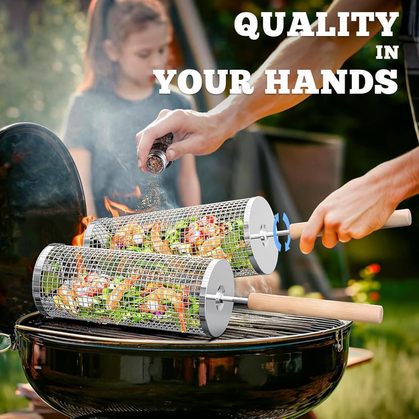 Rolling Grill Basket, Removable Wooden Handle, 304 Stainless Steel, Nesting Smoker Net, BBQ Accessories Tools for Vegetable Shrimp, Outdoor Cooking Camping, Birthday Gifts for Men Dad Husband