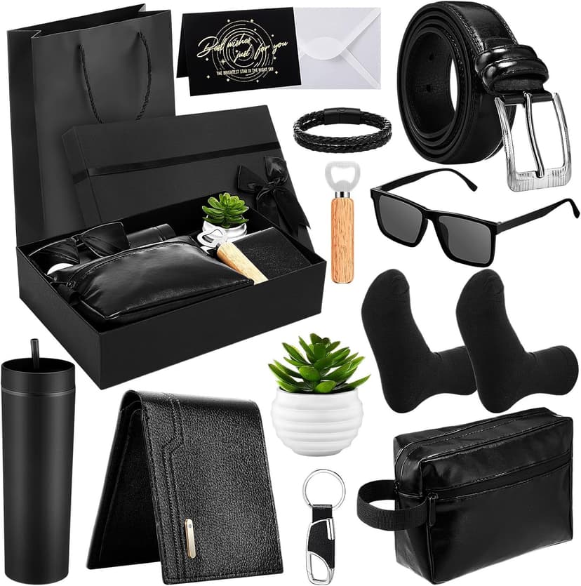 Skylety 13 Pcs Birthday Gifts Baskets for Men Gift for Men Birthday Gift Box 16 oz Tumblers Wallet Toiletry Bag Belt Sock Bottle Opener Bracelet Glasses Keychain for Dad Boyfriend Husband