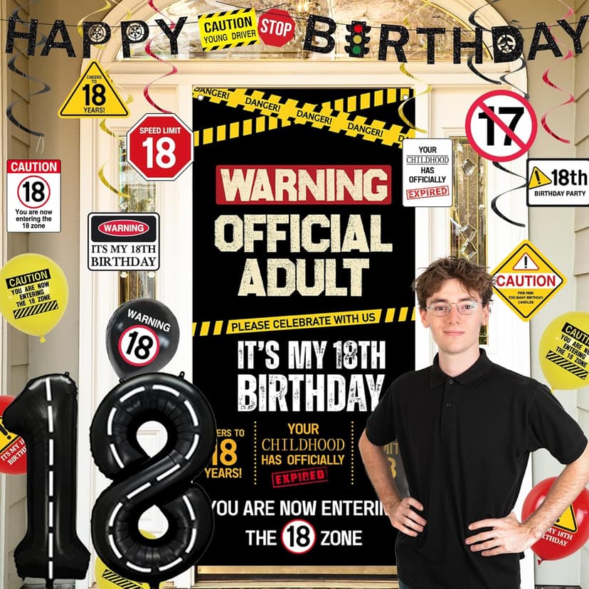 Roetyce 18th Birthday Decorations for Boys Girls, Caution Logos Happy 18th Birthday Banner Backdrop Balloons Hanging Swirls Kit, 18 Years Old Party Yard Door Wall Cover Background