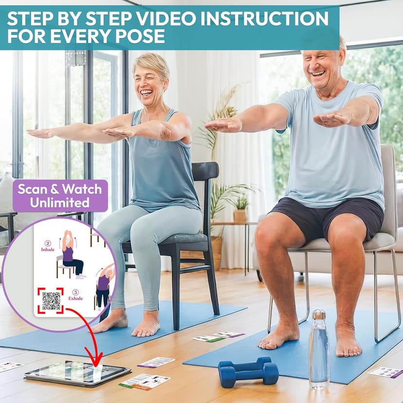 Chair Yoga for Seniors Over 60, Safe & Easy Chair Yoga Exercise Cards for Strength, Relaxation & Recovery, Thoughtful Gifts for Mom, Dad, Grandparent