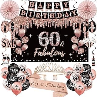 60th Birthday Decorations for Women, 33pcs Black Rose Gold Happy 60th Birthday Banner Crown and Sash Balloons Backdrop Hanging Swirls Paper Fans, 60 Years Old Party Supplies Kit