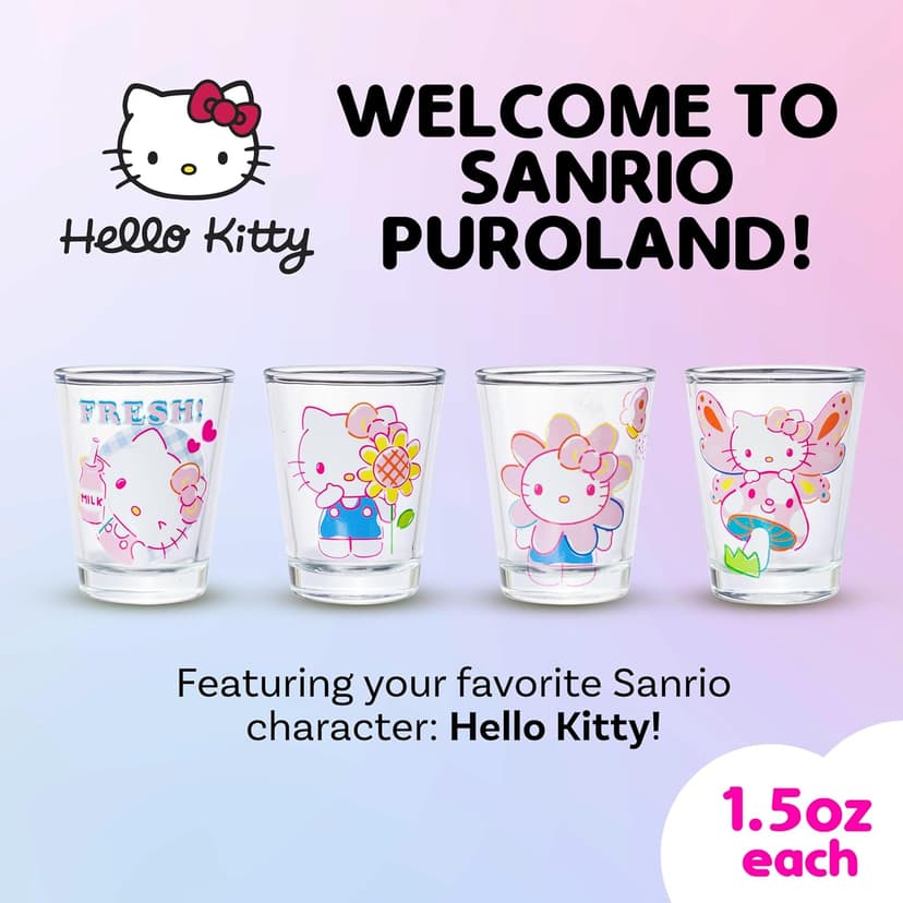 Silver Buffalo Sanrio Hello Kitty Spring Garden Flowers 4 Pack Mini Glass Set, 1.5 Ounces