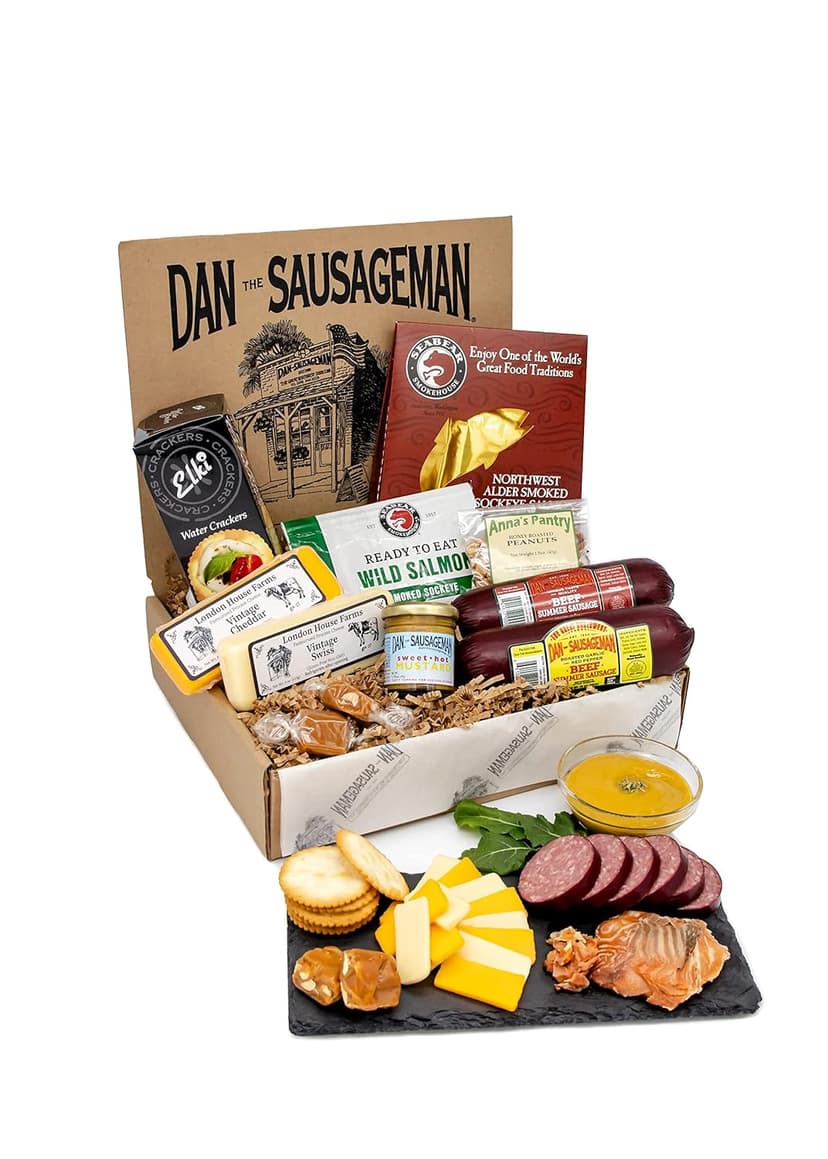 Dan the Sausageman Northwest Necessities Snack Gift Basket – Gourmet Meat & Cheese Summer Sausages, Mustard & Sweet Treats Set – 11-Items Holiday Box