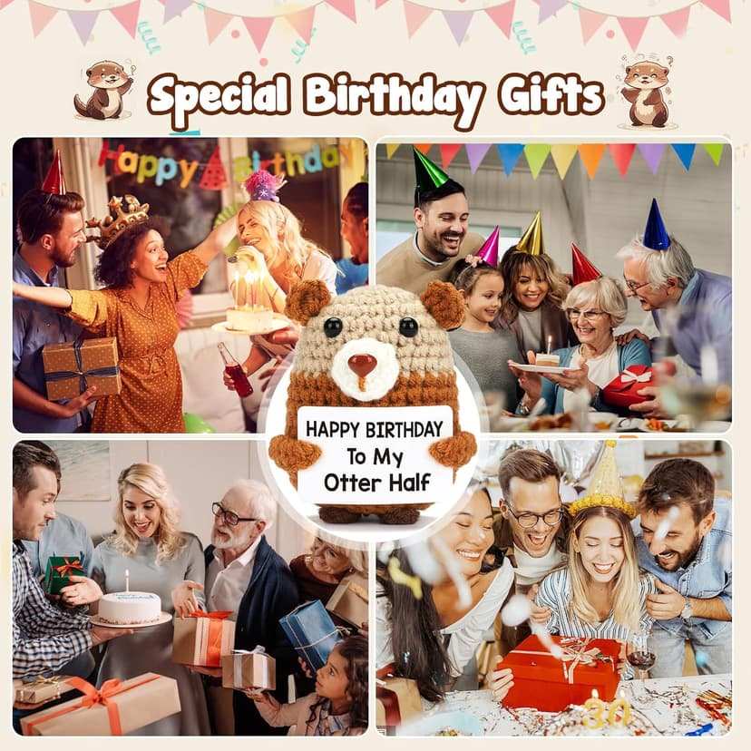Birthday Gifts for Women Men - Happy Birthday to My Otter Half, Handmade Crochet Otter for Wife Husband Fiance, Cute Hand-Held Card for Him Her Boyfriend Girlfriend Lover