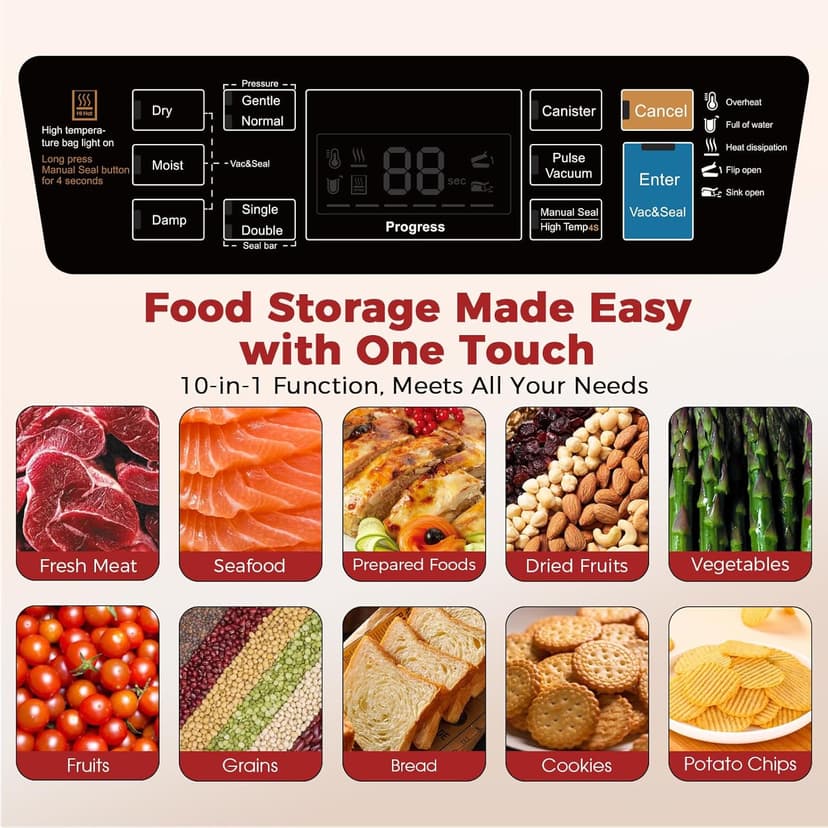 95kpa Vacuum Sealer, Commercial Fully Automatic Food Sealer, Powerful Sealing System, Double Heat Seal, Built-in Cutter and Bag Storage, 1 Roll Bag and 10 Precut Bags