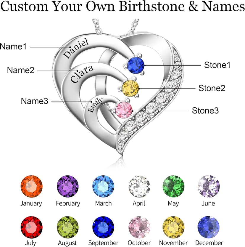 Easycosy Custom Name Necklace with Simulated Birthstones Customized Promise Necklace Heart Pendant with Engraved Names - Anniversary Birthday Jewelry Gifts for Women Wife Mom Grandma Mothers Day