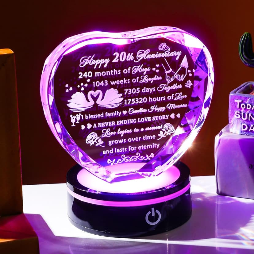 YWHL 20th Anniversary Crystal Heart Gifts for Wife Husband, Laser Engraved Romantic 20 Year Wedding Anniversary Crystal Keepsake Gifts for Her Him, 20 Years of Marriage Gift for Couples Friends
