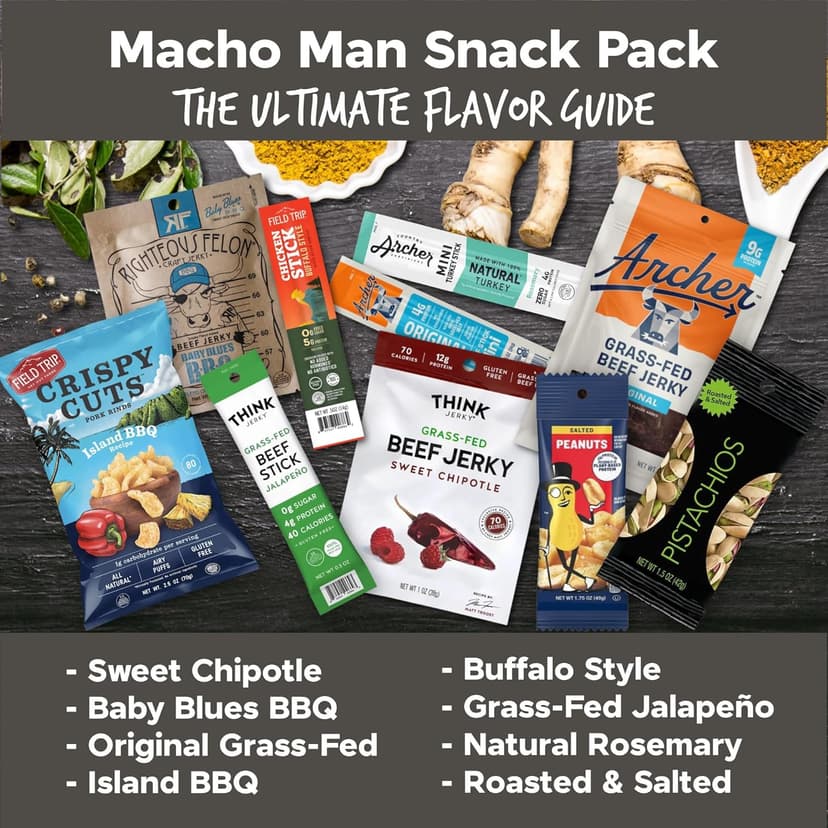 Macho Man Snack Pack Jerky Gift Box - High Protein Snacks for Men, Curated Beef Jerky Assortment Gift Box for Men, Husband, Dad, Boyfriend, Low Carb Keto