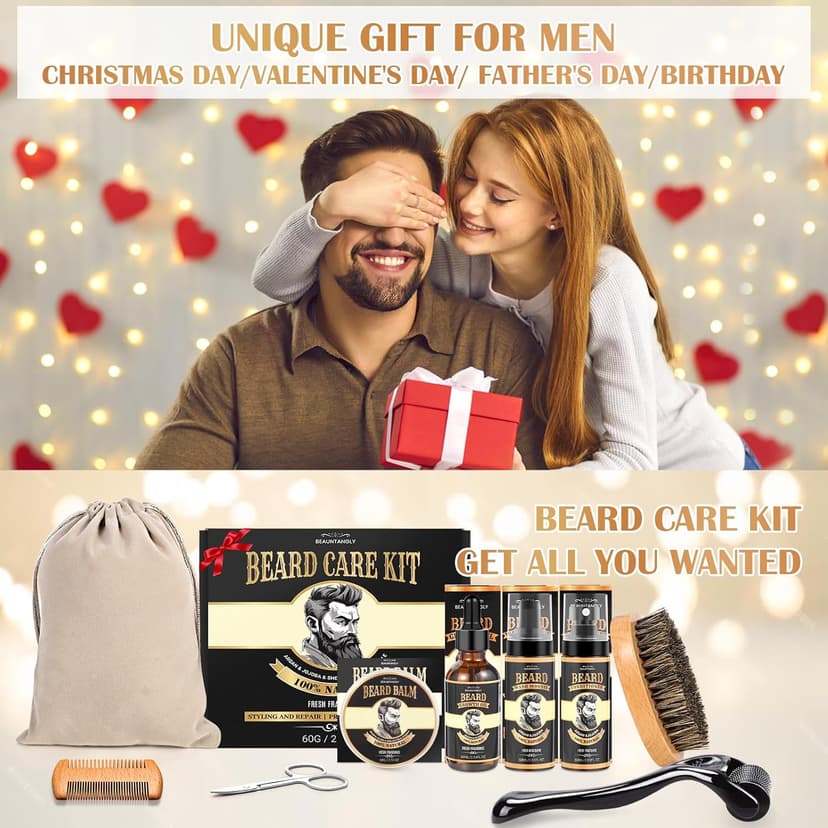Beard Growth Kit, Grooming Set w/Growth Oil, Conditioner, Balm, Shampoo Wash, 0.25MM Roller, Brush, Comb, Scissor, Bag, Christmas Birthday Valentines Day Gifts for Him Men