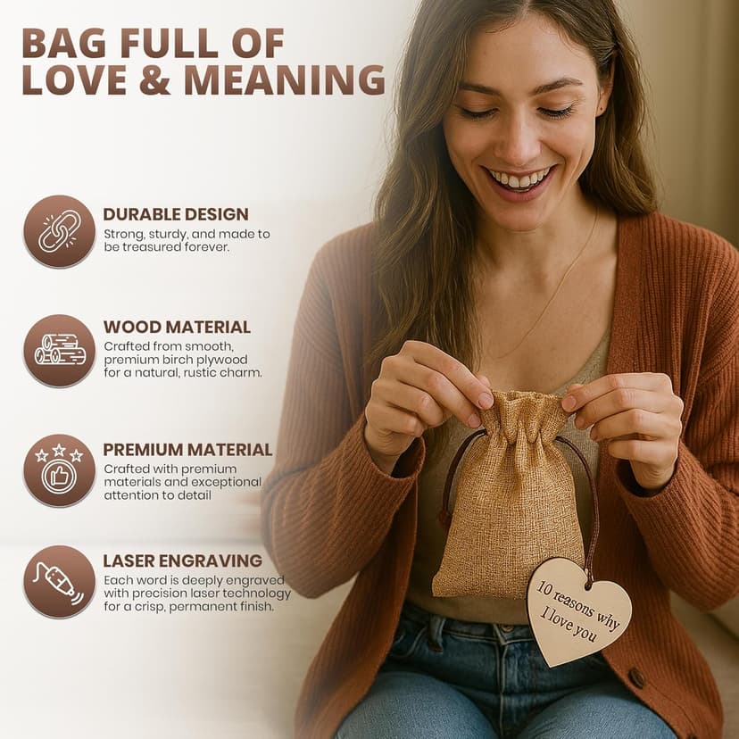 10 Reasons Why I Love You Wooden Hearts - Romantic Anniversary and Valentine’s Gift with 10 Unique Messages in Hessian Bag - Thoughtful Keepsake for Him or Her - Eco-Friendly No Plastic