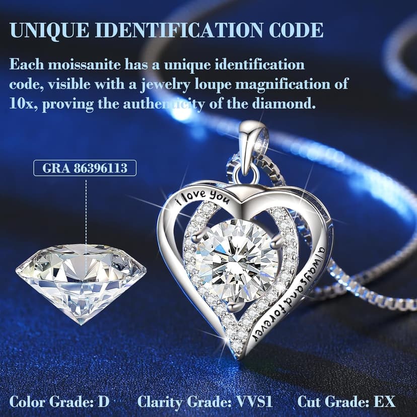 Moissanite Necklace for Women, 1-3 Carat Heart Pendant Necklace, 925 Sterling Silver, Anniversary Present for Wife, Women, Birthday Gifts for Wife, Jewelry Gifts for Christmas, Valentine's Day