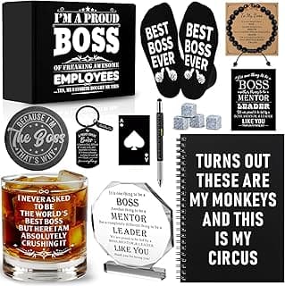 15 Pcs Boss Day Gifts for Men Whiskey Glass Set, Best Boss Ever Gifts with 11 Oz Whisky Glass Coaster Stones Socks Crystal Plaque Spiral Notebook Keychain, Bosses Inspirational Gift from Employees