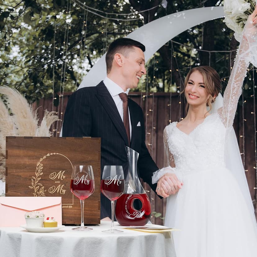 AW BRIDAL Mr and Mrs Wine Glasses and Decanter Set, Wedding Bridal Shower Engagement Gift for Couples 2025, Wedding Glasses for Anniversary Bride Bachelorette with Wood Keepsake Box