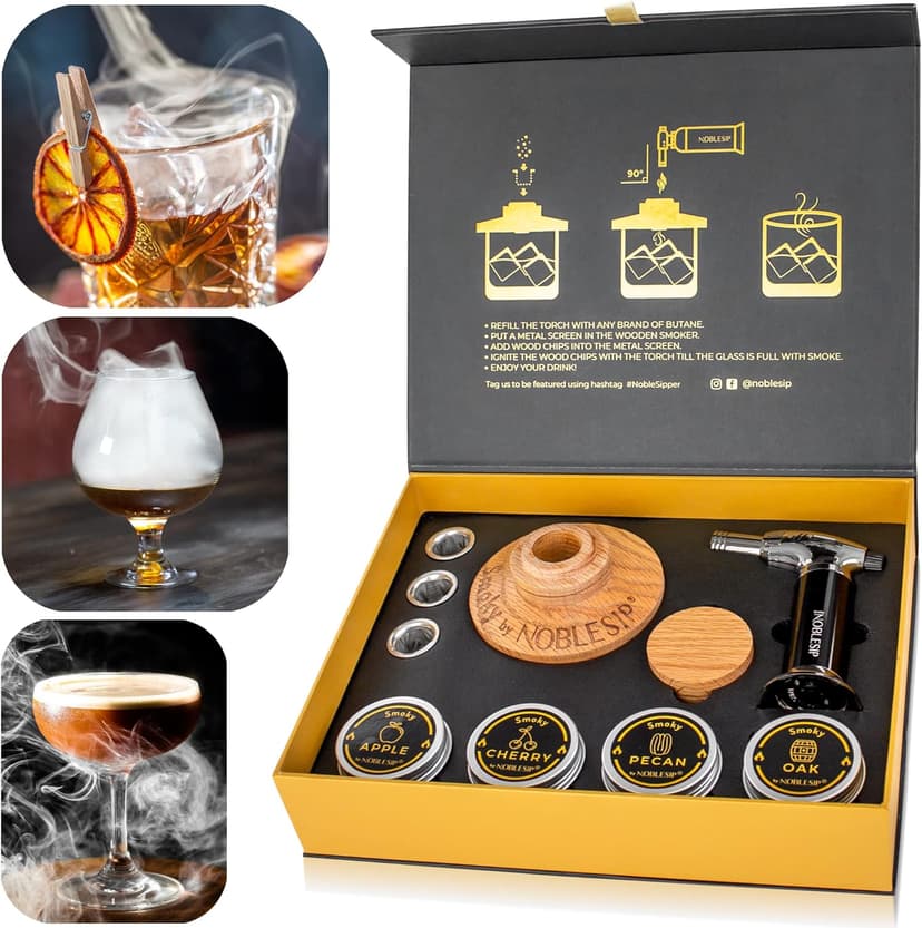 Whiskey Bourbon Smoker Kit 𝗣𝗥𝗘𝗠𝗜𝗨𝗠 Smoky bar Set. Natural American Solid Oak Smoker. A Great Home bar Gift, Easily Make The Legendary Smoked Cocktails and Old fashioneds at Home.